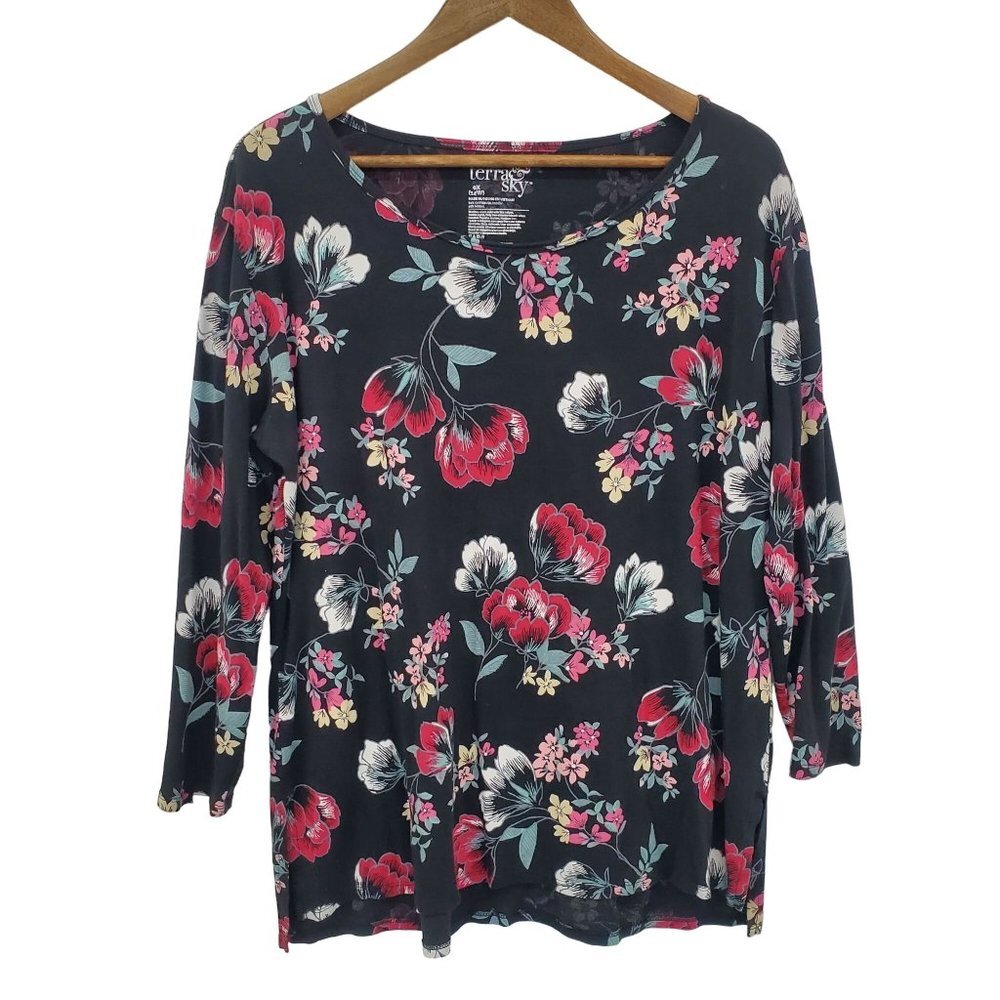 Terra & Sky Womens Floral‎ 3/4 Sleeve Tunic Top Size 0X (14W) Black Red Casual
